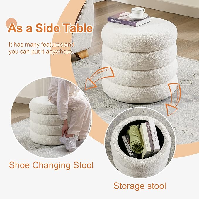 ONEVOG 20" Round Storage Ottoman with Removable Lid, Off-White Boucle Fabric Footrest Pouf, Sherpa Tufted Small Coffee Table Vanity Ottoman Foot Stools for Living Room Couch, Bedroom, Dorm, Nursery