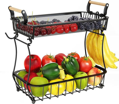 ANTOPY 2 Tier Fruit Basket with 2 Banana Hangers, Countertop Fruit Vegetable Basket Bowl for Kitchen Counter Metal Mesh Basket Fruits Stand Produce Holder Organizer for Onion Potato Bread Snack Veggie