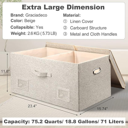 75 Quarts Extra Large Decorative Storage Bins with Lids, 3 Packs Beige Collapsible Storage Bins with Lids, Stackable Storage Bins Decorative Box Storage With Lid Extra Large