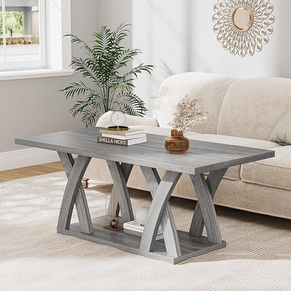 47” Wood Coffee Tables for Living Room Rustic Stands with Storage Shelf Grey Coffee Tables for Living Room Farmhouse Center Stands with Shelf Farmhouse Rectangle Center Table