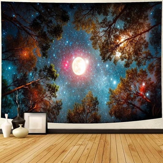 Delur Forest Tapestry Galaxy Moon Stars Night Space Starry Sky Wall Hanging Tapestry Aesthetic Tree Nature Landscape Psychedelic Headboard for Bedroom Living Room Home Decor (59.1" x 78.7")