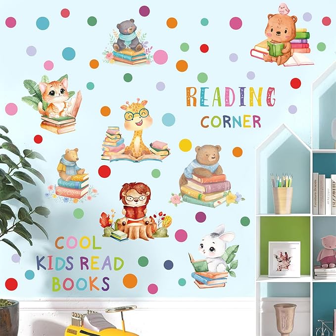 Reading Corner Decor,Reading Books Wall Decals,Learning Study Wall Stickers,Cartoon Animals Window Decals,Giraffe Bear Rabbit Read Books Stickers for Toddler Nursery Bedroom Classroom School