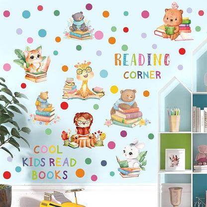 Reading Corner Decor,Reading Books Wall Decals,Learning Study Wall Stickers,Cartoon Animals Window Decals,Giraffe Bear Rabbit Read Books Stickers for Toddler Nursery Bedroom Classroom School