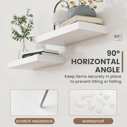 16 Inch Floating Shelves, 8 Inch Deep Floating Shelves for Wall, Hanging Shelf with Invisible Brackets, Deep Shelves for Bathroom, Bedroom, Living Room, White, Set of 2