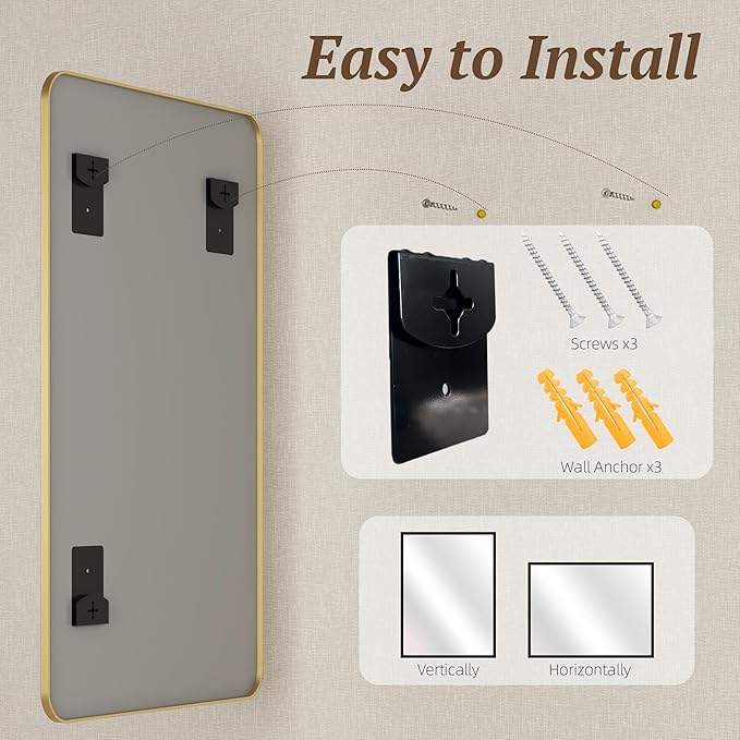 Bathroom Mirror 60" x 36", Large Rectangle Wall Mirror, Gold Metal Frame Wall Mounted Mirrors for Bathroom, Vanity, Bedroom, Entryway Decor(Horizontal/Vertical)