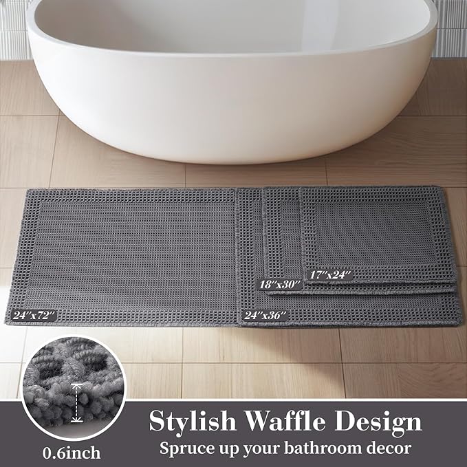 RESARE Waffle Bathroom Runner Rugs, Super Absorbent Bath Mat Non Slip Washable Quick Dry, Upgraded Ultra Soft Boho Bath Rugs with Tassels for Hallway Bedroom Laundry Room, 2'x6'(24"x72"), Dark Grey