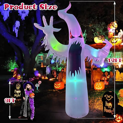 12FT Halloween Inflatables Giant White Ghost, Halloween Inflatable Outdoor Decoration, LED Colored Lights, Scary Red Eyes, Devil Claws, for Indoor and Outdoor Halloween Blow Ups Party Decorations