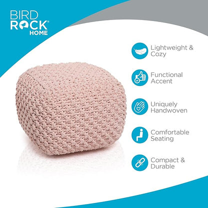 BIRDROCK HOME Square Pouf Ottoman | Cotton Braided Foot Stool with Bean Bag Filling | Boho Foot Rest for Living Room, Bedroom | Compact & Comfortable Seating, Lightweight & Sturdy | Dusty Rose