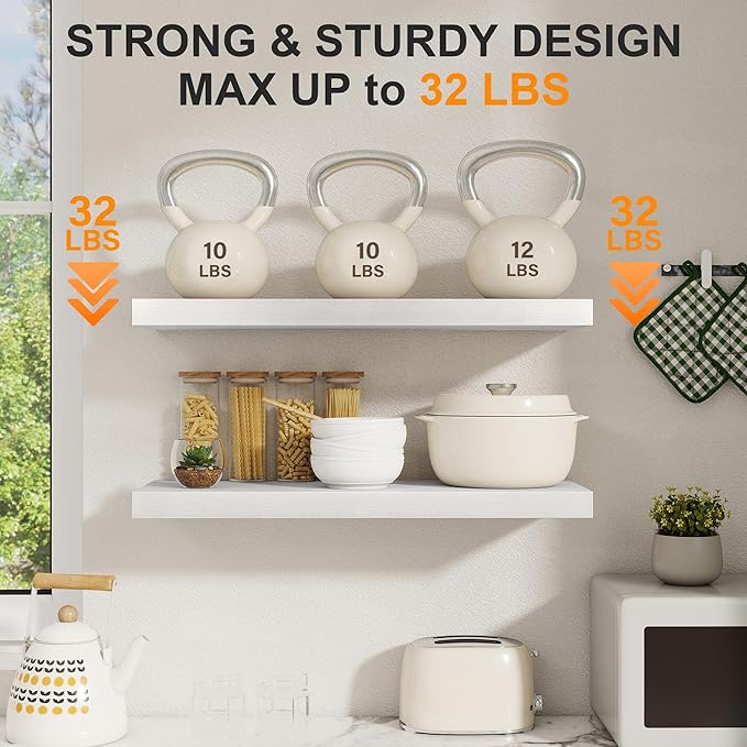 White Floating Shelves for Wall, 27.5 Inch Bathroom Shelves Set of 2, Rustic Wood Wall Shelf with Invisible Brackets for Books|Storage|Decor, 8 Inch Deep Floating Shelf for Bedroom|Kitchen