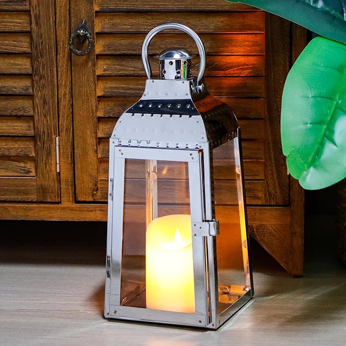 TRIROCKS Stainless Steel Candle Lanterns 12''H Decorative Candle Holders with Tempered Glass for Indoor Outdoor Porch Garden Parities and Wedding(Silver)