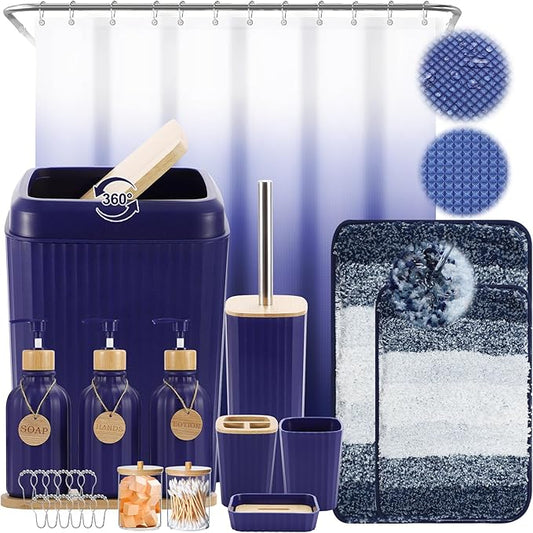 32PCS Bathroom Sets with Shower Curtain and Rugs Navy Blue Shower Curtain Set 3PCS Soap Dispenser Bathroom Accessories with Bathroom Trash Can