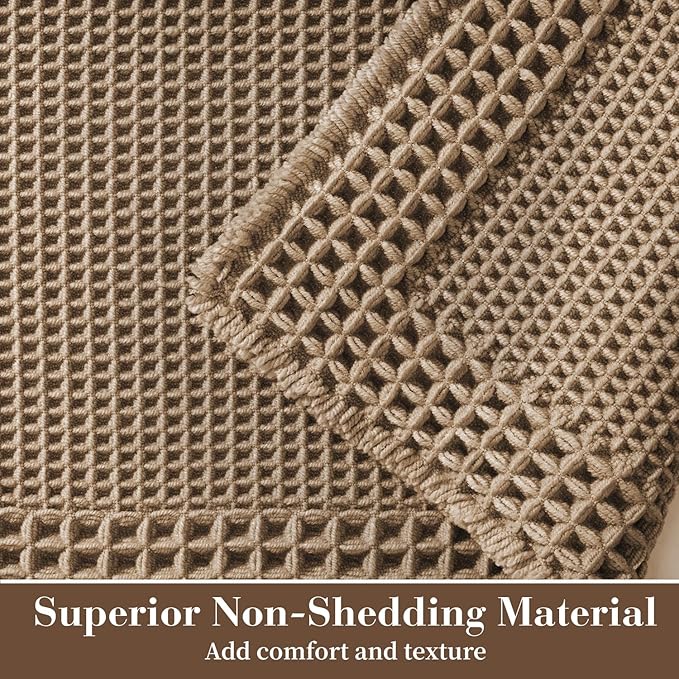 RESARE Waffle Bath Mat, Super Absorbent Non Slip, Machine Washable, Ultra Soft Boho Bath Rugs with Tassels, Upgraded Bordered Design, 17"x24" Brown
