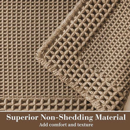 RESARE Waffle Bath Mat, Super Absorbent Non Slip, Machine Washable, Ultra Soft Boho Bath Rugs with Tassels, Upgraded Bordered Design, 17"x24" Brown