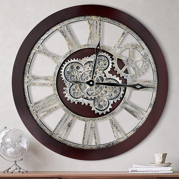 HOIBAI Wall Clock, Clocks for Living Room Decor 20 Inch Big Moving Gears Clock Farmhouse Vintage Rustic Wall Clock Vintage Roman Oversized for Home Bedroom House Kitchen Wall Decor