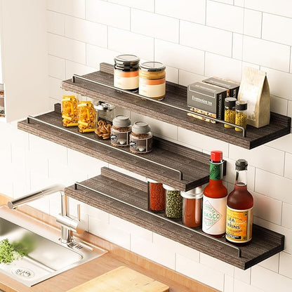 22 inches Long Floating Shelves, Bathroom Decor Shelves Over Toilet, Farmhouse Wall Shelves for Living Room, Bedroom, Picture Frames, Plants, Kitchen, Set of 3 (Brown)