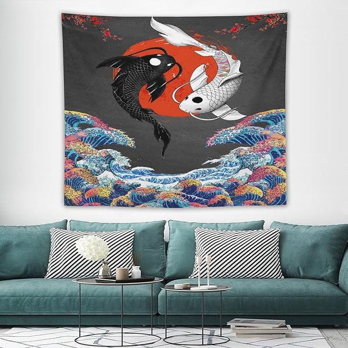 Houselerax Japanese Koi Fish Tapestries, Yin Yang Big Wave Cherry Blossom Tapestry Wall Hanging for Bedroom Living Room Office Decor 60"x50"