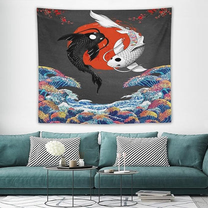 Houselerax Japanese Koi Fish Tapestries, Yin Yang Big Wave Cherry Blossom Tapestry Wall Hanging for Bedroom Living Room Office Decor 60"x50"