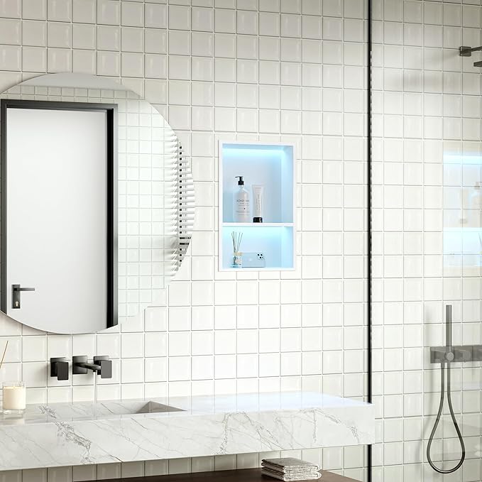 Stainless Steel Shower Niche 12" X 18", No Tile Needed Wall Niche with RGB Led Light, Recessed Shower Shelf for Bathroom Storage Over Mount Installation, Matte White