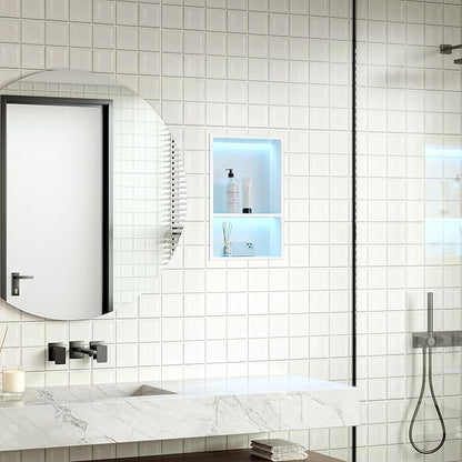 Stainless Steel Shower Niche 12" X 18", No Tile Needed Wall Niche with RGB Led Light, Recessed Shower Shelf for Bathroom Storage Over Mount Installation, Matte White