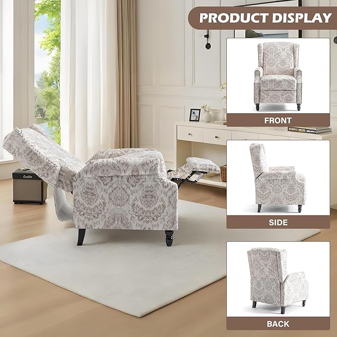 UIXE Recliner Chair, Fabric Upholstered Armchair Pushback Accent Chair for Living Room, Floral Rivet Trim Club Chair Home Theater Single Sofa Reading Seat - Beige Pattern