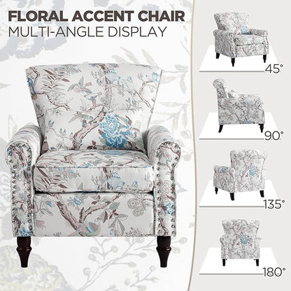 Wingback Accent Chair with Removable Pillow, High Back Floral Armchair with Solid Wood Legs & Nailhead Trim, Comfy Upholstered Reading Single Sofa Chair for Bedroom (1, Bird Floral Pattern)