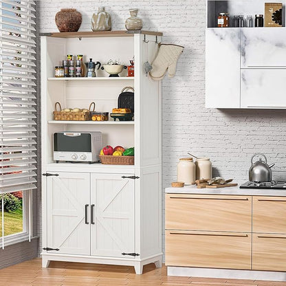 5 Tier Bookshelf 70in Tall Bookcase with Barn Doors and Storage Cabinet, White Farmhouse Book Shelf with Adjustable Shelves, Wood Freestanding Display Bookshelves for Bedroom, Living Room