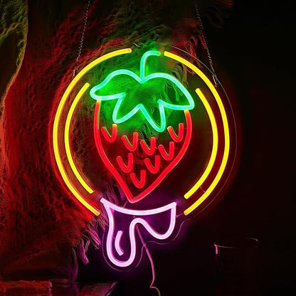 Strawberry Neon Sign USB Powered Sweet Fruit Led Light Up Sign Dimmable Funny Neon Light Wall Decoration for Home Kitchen Fruit Market Dessert Shop Farmhouse Restaurants