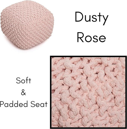 BIRDROCK HOME Square Pouf Ottoman | Cotton Braided Foot Stool with Bean Bag Filling | Boho Foot Rest for Living Room, Bedroom | Compact & Comfortable Seating, Lightweight & Sturdy | Dusty Rose