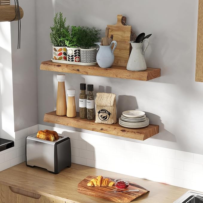 30" Floating Shelves, Live Edge Solid Elm Wood Floating Shelf, Wall Mounted Display Shelves with Heavy-Duty Bracket for Books, Rustic Wooden Shelf for Kitchen, Bathroom, Natural Color, Set of 2