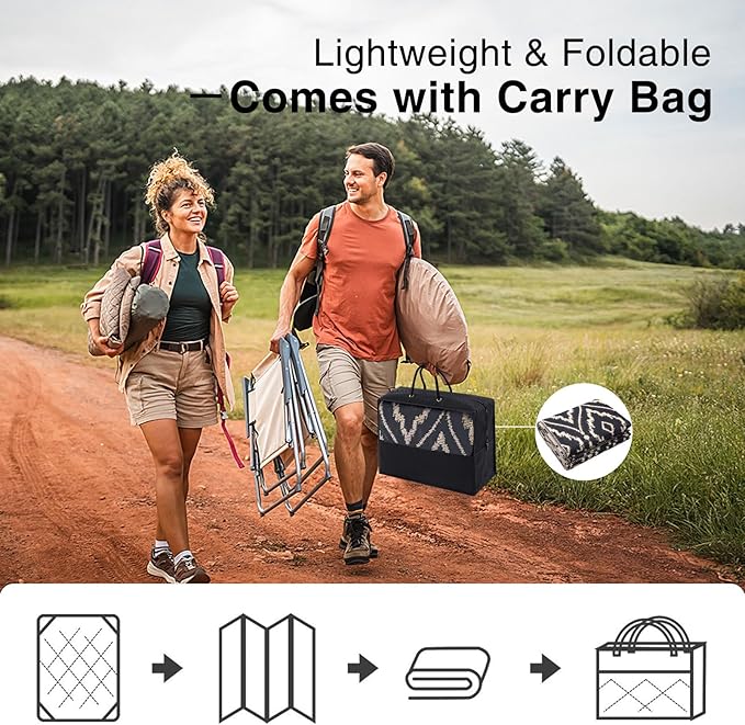 OLANLY Outdoor Rug 5x8 ft Waterproof, Outdoor Plastic Straw Rug with Geometric Pattern Clearance, Reversible RV Mat for Patio, Camping, Balcony, Deck, Backyard, Black & Beige