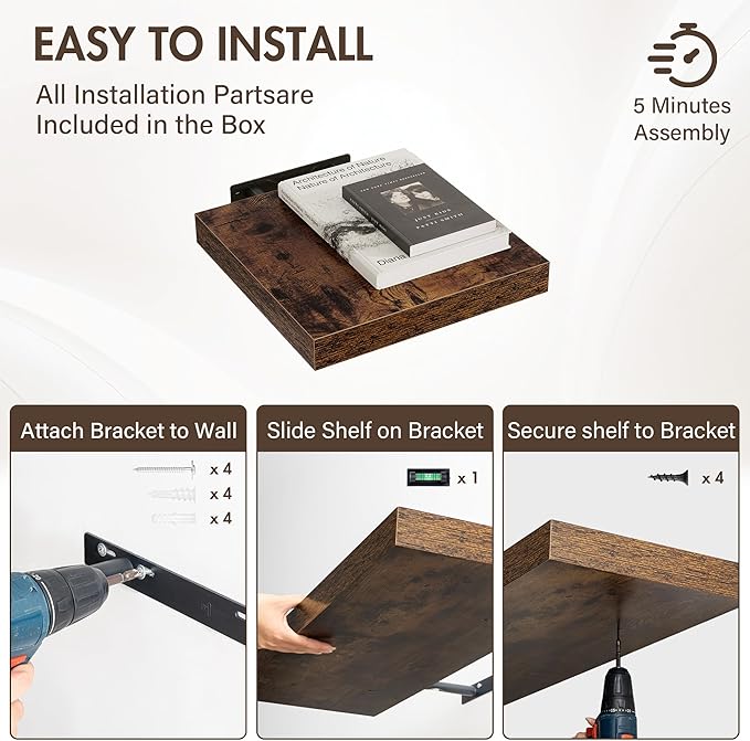 12 Inch Floating Shelves, 12" Deep Floating Shelf Wall Mounted, 12" Wall Shelves, Rustic Deep Bookshelf, Extra Deeper Display Shelves & Storage Shelves for Bedroom, Living Room, Set of 3