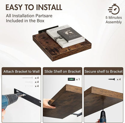 12 Inch Floating Shelves, 12" Deep Floating Shelf Wall Mounted, 12" Wall Shelves, Rustic Deep Bookshelf, Extra Deeper Display Shelves & Storage Shelves for Bedroom, Living Room, Set of 3