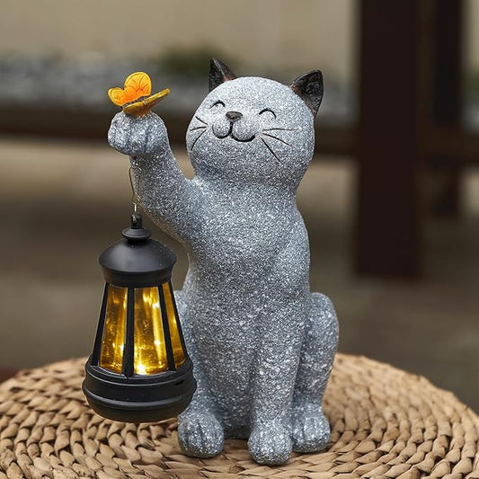 Solar Cat Garden Statue Outdoor Decor, Cat Sculpture with Lantern and Butterfly for Yard Lawn Patio Balcony, Birthday Housewarming Gifts for Mom, Grandma, Women, 9.4 inch, Resin