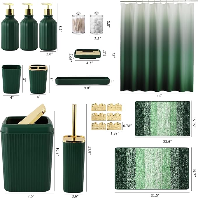 32PCS Bathroom Set Bathroom Sets with Shower Curtain and Rugs Hunter Green Bathroom Accessories,Shower Curtain Set,Bathroom Rug Set with Bathroom Trash Can