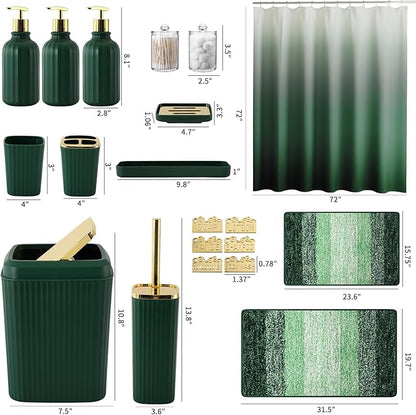 32PCS Bathroom Set Bathroom Sets with Shower Curtain and Rugs Hunter Green Bathroom Accessories,Shower Curtain Set,Bathroom Rug Set with Bathroom Trash Can