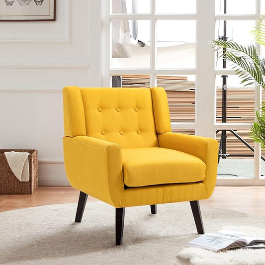 UIXE Accent Chair, Modern Upholstered Armchair Mid-Century Arm Chair in Fabric for Living Room, Comfy Single Sofa Seats Button Tufted Reading Seating, Yellow