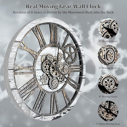 HOIBAI Large Wall Clock Clocks for Living Room Decor Oversized 30 Inch Wall Decor Farmhouse Vintage Rustic Industrial Roman Big Chic Home Decor Wall Clock for House Bedroom, Moving Gears Clock