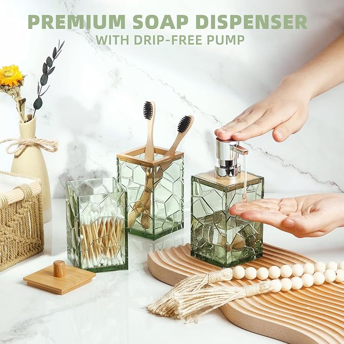 Sage Green Bathroom Accessories Set, Toothbrush Holder, Soap Dispenser, Cotton Swabs Holder, Soap Dish, Toilet Brush with Holder, Boho Bamboo Bathroom Decor,Acrylic (Green)