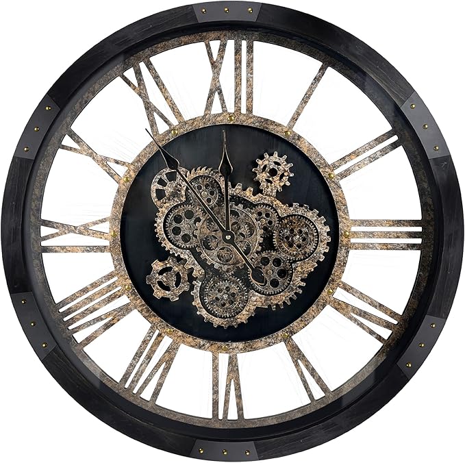 DORBOKER 30" Large Wall Clock Moving Gears,Oversized Industrial Rustic Farmhouse Clocks for Living Room Decor Office Home, Solid Wood Retro Metal HD Tempered Glass Cover,Black and Vintage Bronze