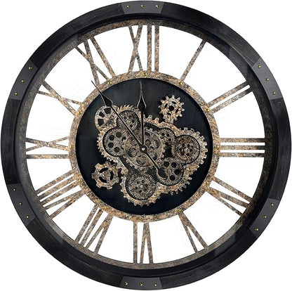 DORBOKER 30" Large Wall Clock Moving Gears,Oversized Industrial Rustic Farmhouse Clocks for Living Room Decor Office Home, Solid Wood Retro Metal HD Tempered Glass Cover,Black and Vintage Bronze