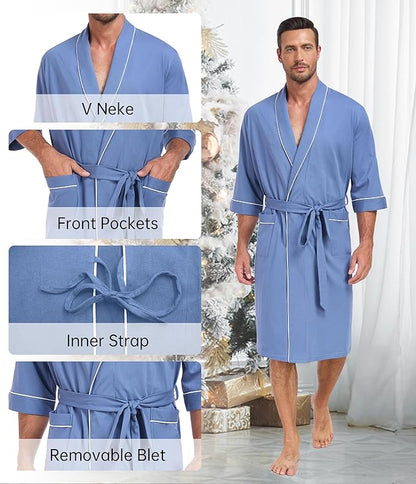 COLORFULLEAF Men's Bathrobes 100% Cotton Soft Comfort Breathable Short Sleeve Summer Kimono Mens Lightweight Robe