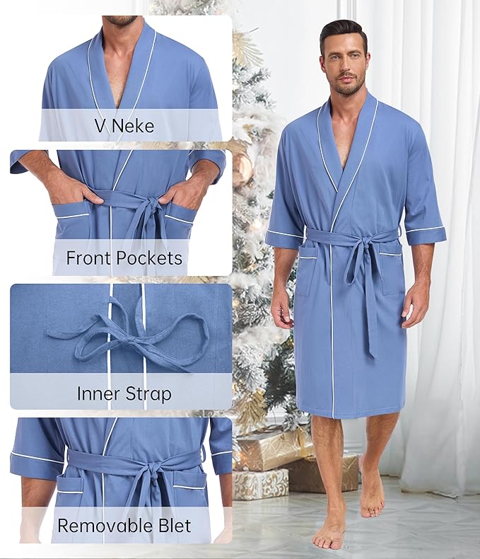 COLORFULLEAF Men's Bathrobes 100% Cotton Soft Comfort Breathable Short Sleeve Summer Kimono Mens Lightweight Robe