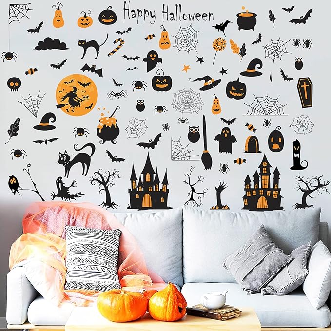 84 PCS Window Clings - Halloween Wall Stickers for Living Room, Pumpkins, Castles, Bats, Cats, Vampire, Witch Stickers, Household Decorative Murals, Party Supplies