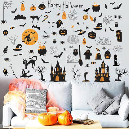 84 PCS Window Clings - Halloween Wall Stickers for Living Room, Pumpkins, Castles, Bats, Cats, Vampire, Witch Stickers, Household Decorative Murals, Party Supplies