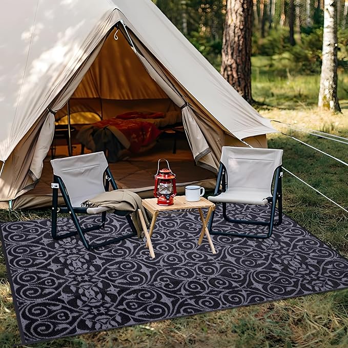 OLANLY Outdoor Rug Waterproof 6x9 ft Clearance, Reversible Outdoor Plastic Straw Rug with Floral Pattern, RV Mat for Patio, Camping, Balcony, Deck, Backyard, Black & Grey