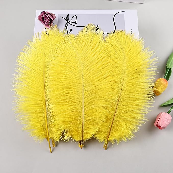 THARAHT Yellow Ostrich Feathers 12pcs Natural Bulk 10-12Inch 25cm-30cm for Crafts Wedding Party Centerpieces Halloween and Home Decoration Feathers