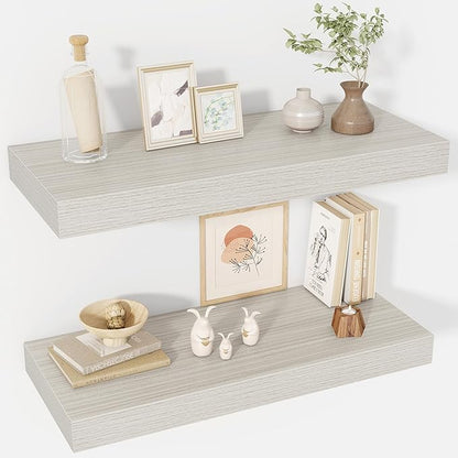 30 Inch Floating Shelves, 12" Deep Floating Shelf Wall Mounted, 30" Wall Shelves, Rustic Deep Bookshelf, Extra Deeper & Thicker Display Shelves for Bedroom, Living Room, Gray, Set of 2