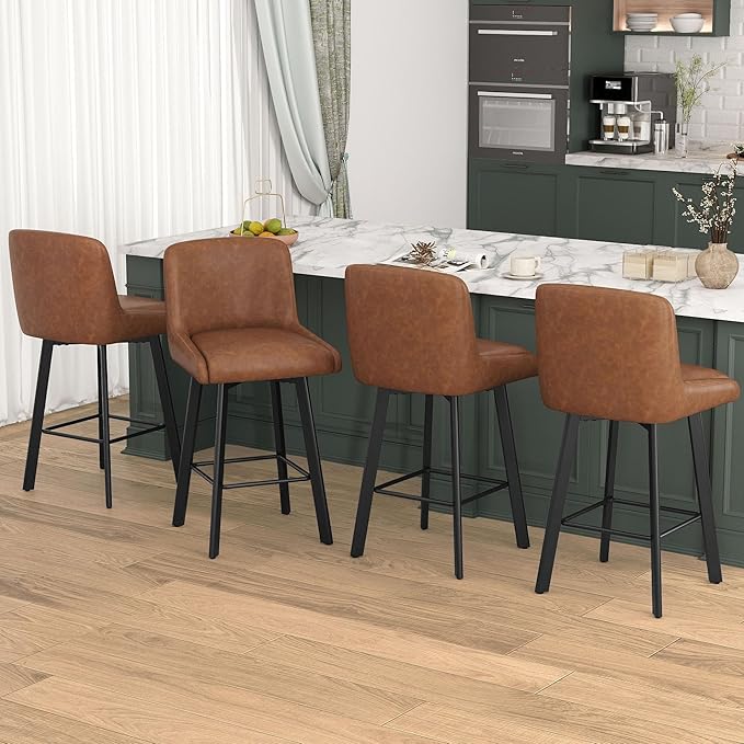 Swivel Bar Stools Set of 4, 26''H Upholstered Barstools with Backs, Modern Counter Height Bar Stool Chairs for Kitchen Island, Metal Legs, Faux Leather, Brown Counter Stools