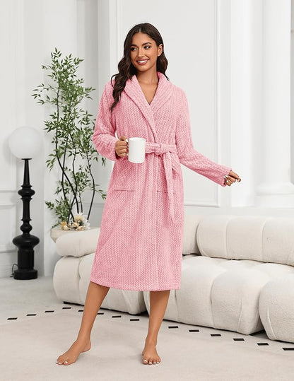 Ekouaer Women's Robe Plush Soft Long Bathrobe Cozy Warm Shawl Collar Spa Robe with Pockets