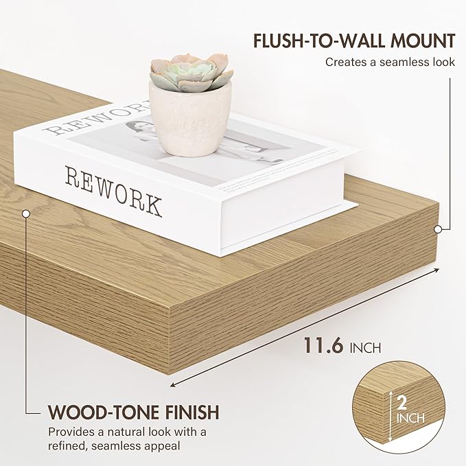 36 Inch Floating Shelves, 12" Deep Floating Shelf Wall Mounted, 36" Wall Shelves, Rustic Deep Bookshelf, Extra Deeper & Thicker Display Shelves for Bedroom, Living Room, Oak, Set of 2